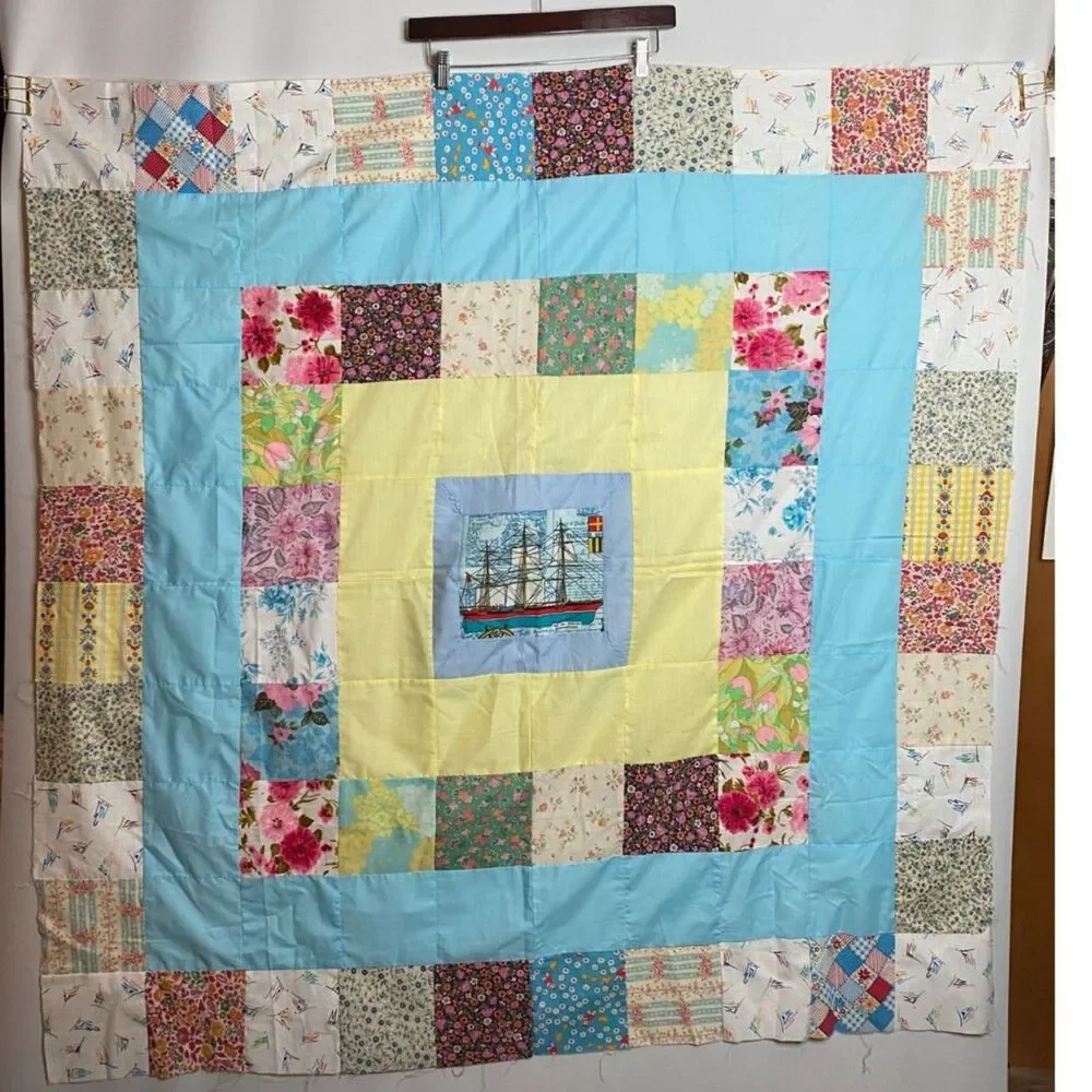 VTQ Patchwork Quilt Top Layer Mariner Sailing Ship 54x54